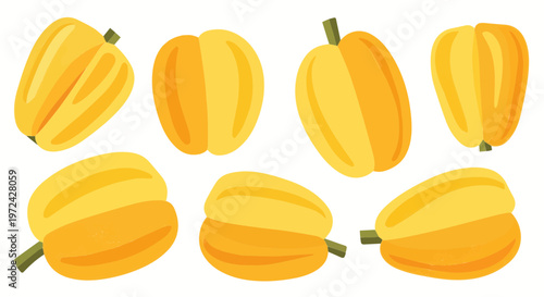 Group of yellow squashes or gourds arranged together on white background illustration