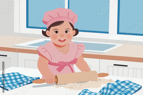 Little girl rolls dough in a kitchen during a baking activity on a sunny day with bright windows