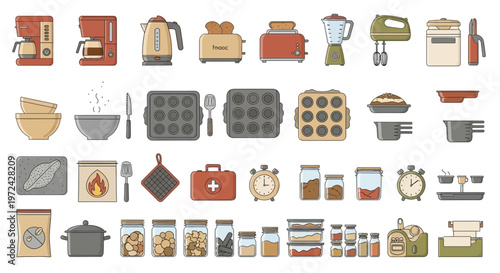 Collection of kitchen appliances and utensils on white background