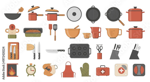 Collection of kitchen cooking equipment flat vector illustrations for design