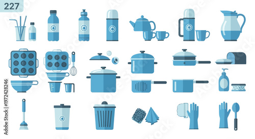 Collection of kitchen items and beverages for cooking or refreshment flat design