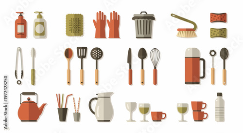 Collection of kitchen items and cleaning supplies illustrated in flat design