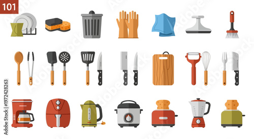 Collection of kitchen items and cleaning supplies vector illustration