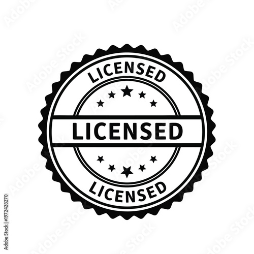 A black and white circular badge displays the word licensed repeated multiple times with star accents