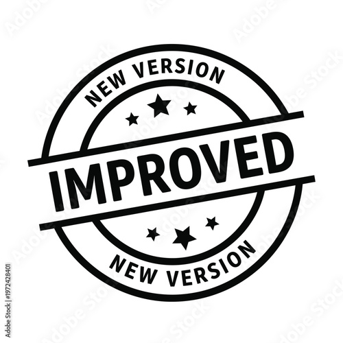 A black and white circular stamp proclaims improved with stars and new version text surrounding it