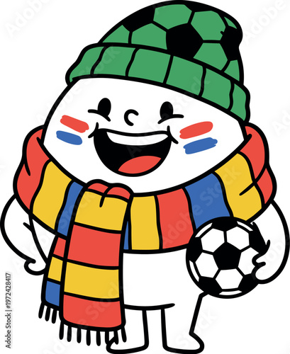 Joyful soccer fan character with painted cheeks and scarf