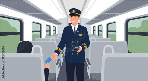Train staff member handing item to seated passenger inside train car illustration