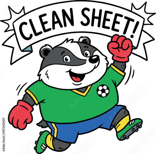 Cute badger goalkeeper celebrates clean sheet with arms up