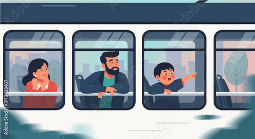 Passengers looking out train windows while seated illustration
