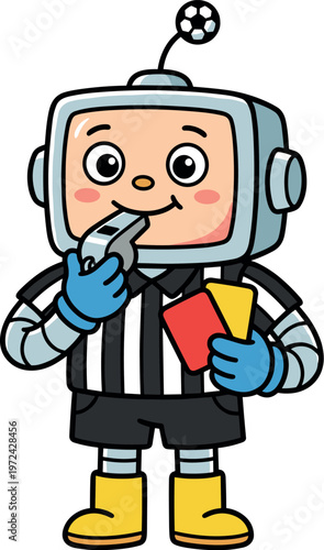 Cute robot soccer referee with whistle and cards