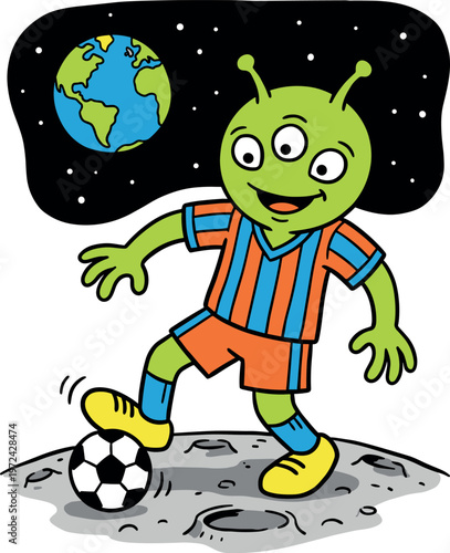 Green alien playing soccer on the moon with Earth in the background