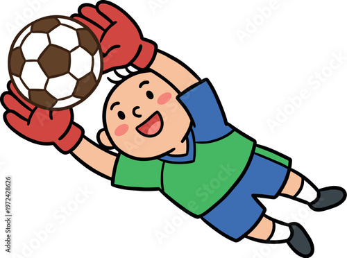 Joyful cartoon soccer goalie catching ball in mid-air