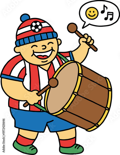 Soccer fan playing drum with music and happy face