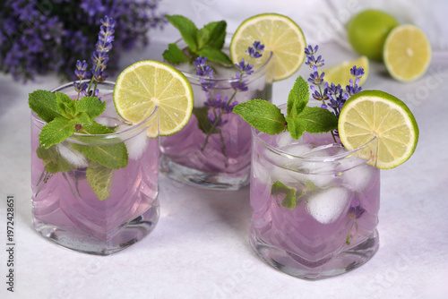 Mojito cocktail with lavender and mint aroma. Summer refreshing drink