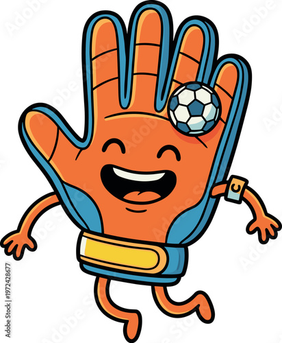 Playful soccer goalkeeper glove character with ball