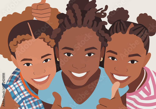 Young girls smile and give thumbs up while posing together in bright colors indoors