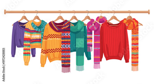 An assortment of vibrant multi-colored knitted sweaters and patterned scarves are neatly arranged on wooden hangers along a sturdy horizontal wooden clothing rack.