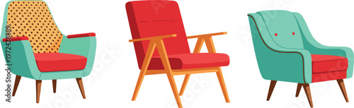 retro armchair set, colorful vintage seating, mid century modern furniture, stylish lounge chairs, interior decor illustration, home design concept collection