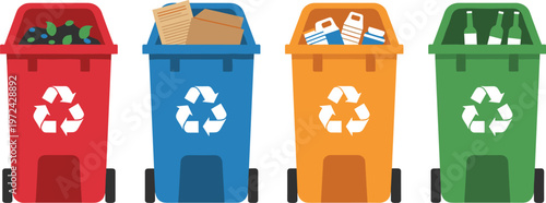 Recycling bins set, waste segregation containers, garbage sorting plastic paper glass organic trash eco friendly waste management illustration