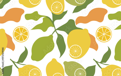 Abstract lemon branch pattern with modern organic shapes and citrus slices in colors.