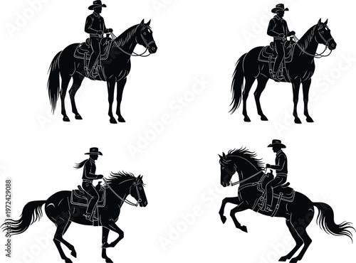 cowboy horse silhouettes set, western rider collection, equestrian illustration, vintage rodeo style, wild west concept, black silhouette design elements