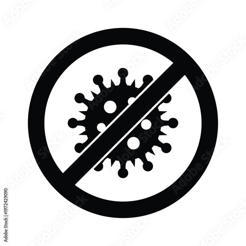 A black and white graphic depicts a prohibition symbol over a stylized coronavirus or virus particle