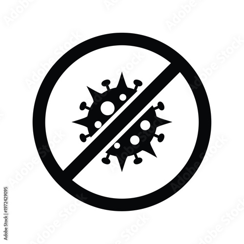 A stark black and white graphic depicts a prohibited virus symbol conveying concepts of prevention and restriction high quality