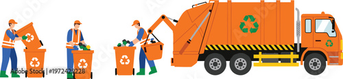 Garbage collection workers, recycling process illustration, waste management truck, sanitation service concept, eco friendly disposal, environmental protection, clean city operations