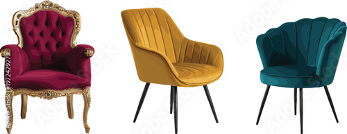 luxury chair collection, modern and classic armchairs, elegant furniture design, stylish seating set, interior decor illustration, home furniture concept