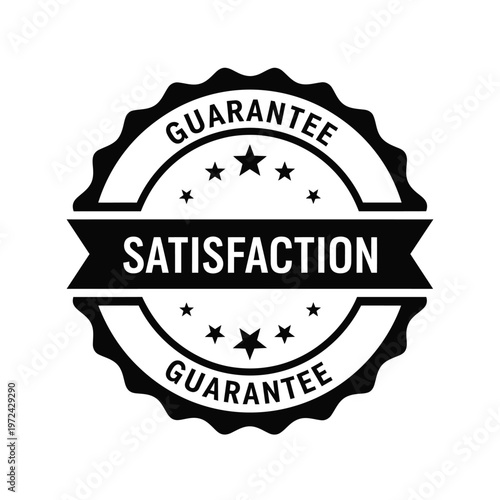 A black and white circular badge proclaims satisfaction guaranteed featuring a star pattern and ribbon detail
