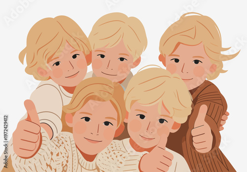 Group of kids with blonde hair giving thumbs up while posing together in a casual setting with bright colors around them