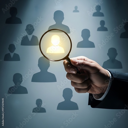 Hand holding magnifying glass searching for highlighted person.