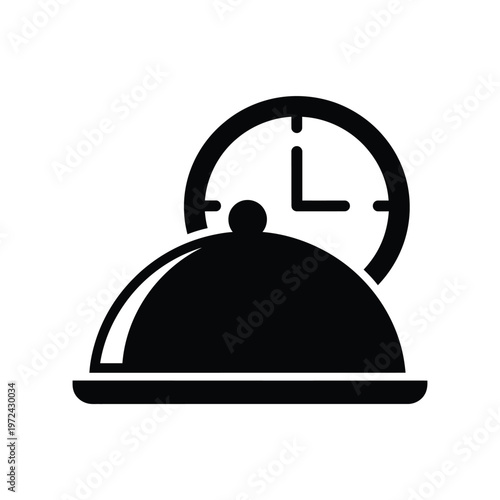 A black silhouette depicts a cloche covering a dish combined with a clock face above it