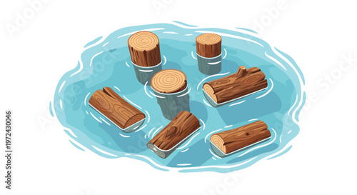 Multiple textured brown wooden logs and circular tree stumps float peacefully within a stylized pool of clear blue water against a minimalist white background.