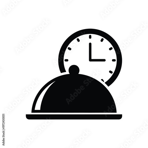 A simple black and white icon depicts a covered dish with a clock face above it symbolizing mealtime