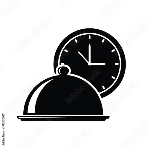A black and white graphic depicts a clock face positioned over a covered serving dish symbolizing time for