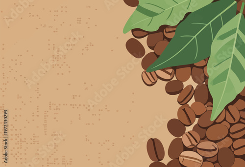 Coffee beans and leaves on a plain background showing the natural elements of coffee production in a simple layout