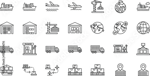 Global logistics and freight transportation line icon set featuring cargo ships, airplanes, warehouses, container trucks and international shipping operations