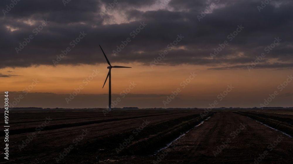 Obraz premium Single wind turbine beyond dark ploughed fields under brooding dusk clouds, dramatic renewable energy landscape with stark furrow lines, distant horizon haze, and cinematic evening atmosphere