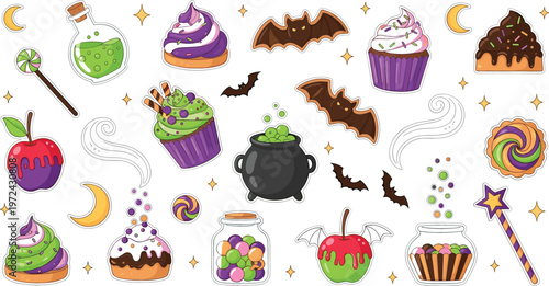Cute Halloween sweets and magic treats vector set featuring cupcakes, candy apples, cauldron potion, lollipops, bats and spooky dessert illustrations