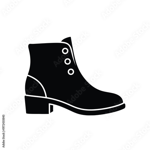 A minimalist black silhouette depicts a fashionable ankle boot with a small heel and lacing details