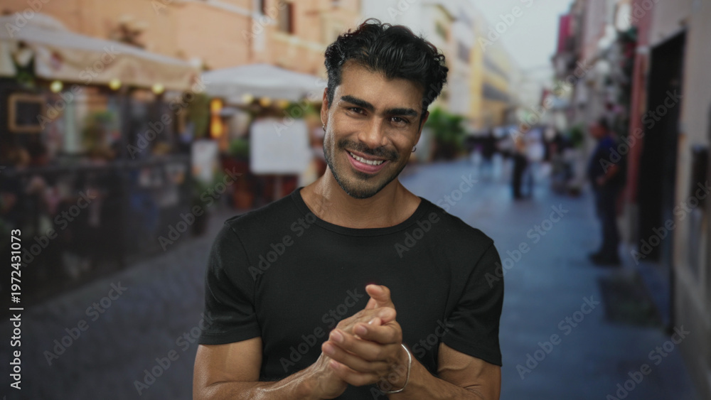 Fototapeta premium Man wearing black shirt and silver bracelet claps hands while smiling on street during a sunny afternoon; celebration.