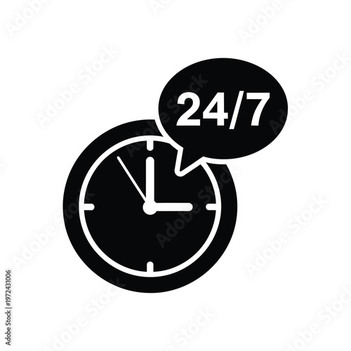A black and white graphic depicts a clock face with a speech bubble indicating 24 7 availability