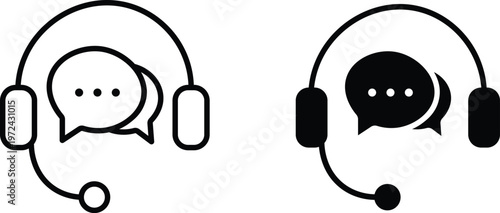 Customer service headset icons with speech bubbles, call center support vector set, communication and telemarketing help desk symbols