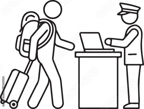 Traveler with luggage at a passport control desk with laptop with line art with check in with hand luggage with border control