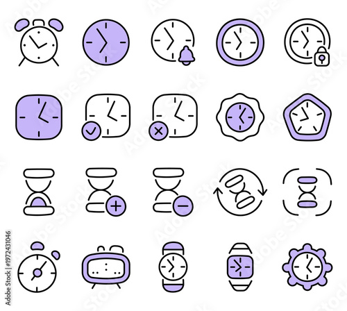 Time clock icon set featuring alarm reminder lock mode approval cancel status period add remove cycle radio classic smart