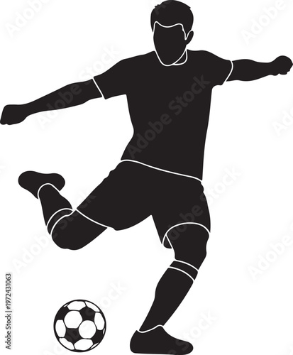Dynamic soccer player kicking a ball with athletic motion and determination silhouette vector icon