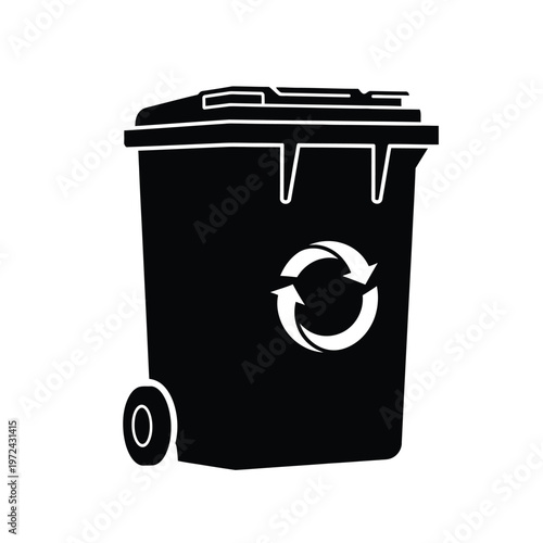 A black and white illustration depicts a large wheeled trash bin with a recycling symbol on its side