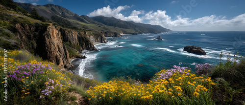 Scenic Coastal Cliff Landscape with Wildflowers and Ocean View in Springtime