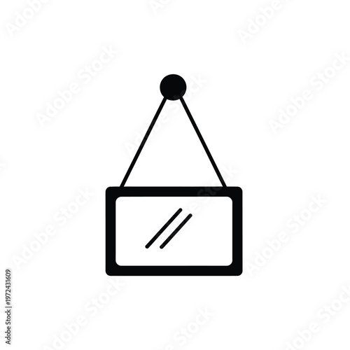 A simple black outline illustration depicts a rectangular sign hanging from a circular knob and support
